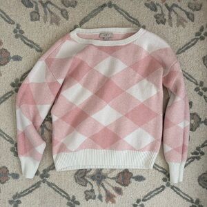 LOFT Outlet Pink and White Argyle Crewneck Sweater